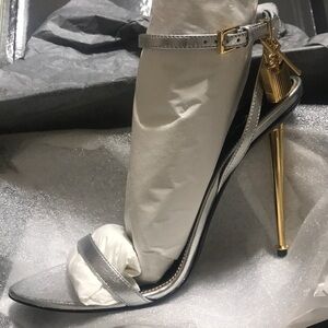 Tom Ford 105mm Metallic Lock Sandals, Silver with Gold Heel and Lock